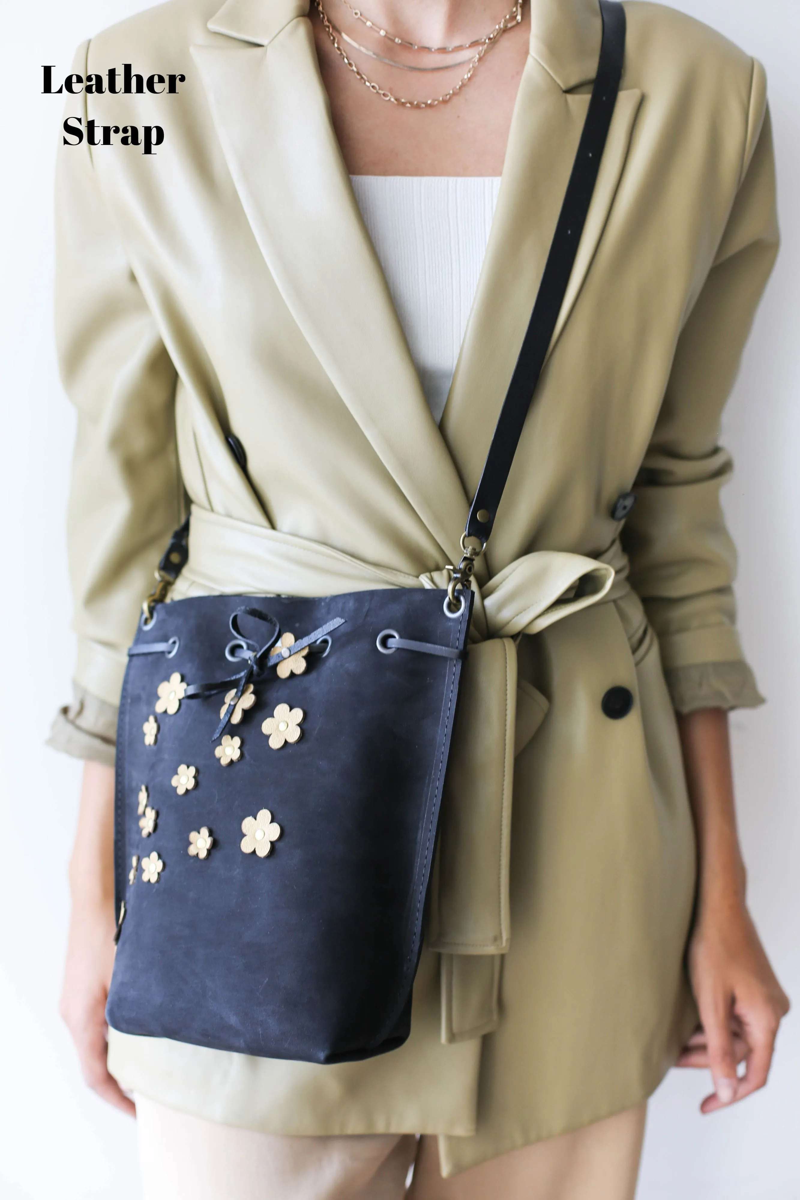 Black Floral Leather Bucket Bag