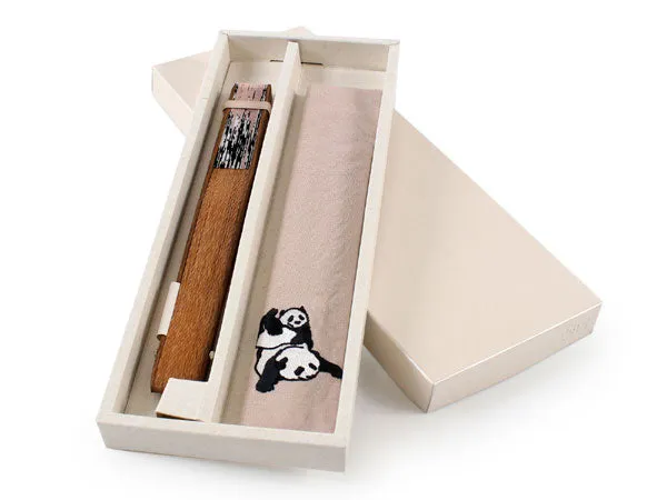 Japanese Sensu Foldable fan with a Fan bag / Beige, Panda